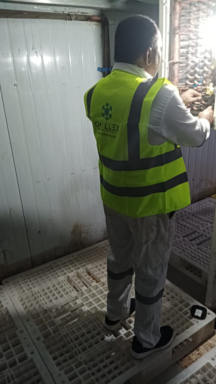 Chillex technician carrying out a scheduled preventive maintenance visit inside a cold storage room
