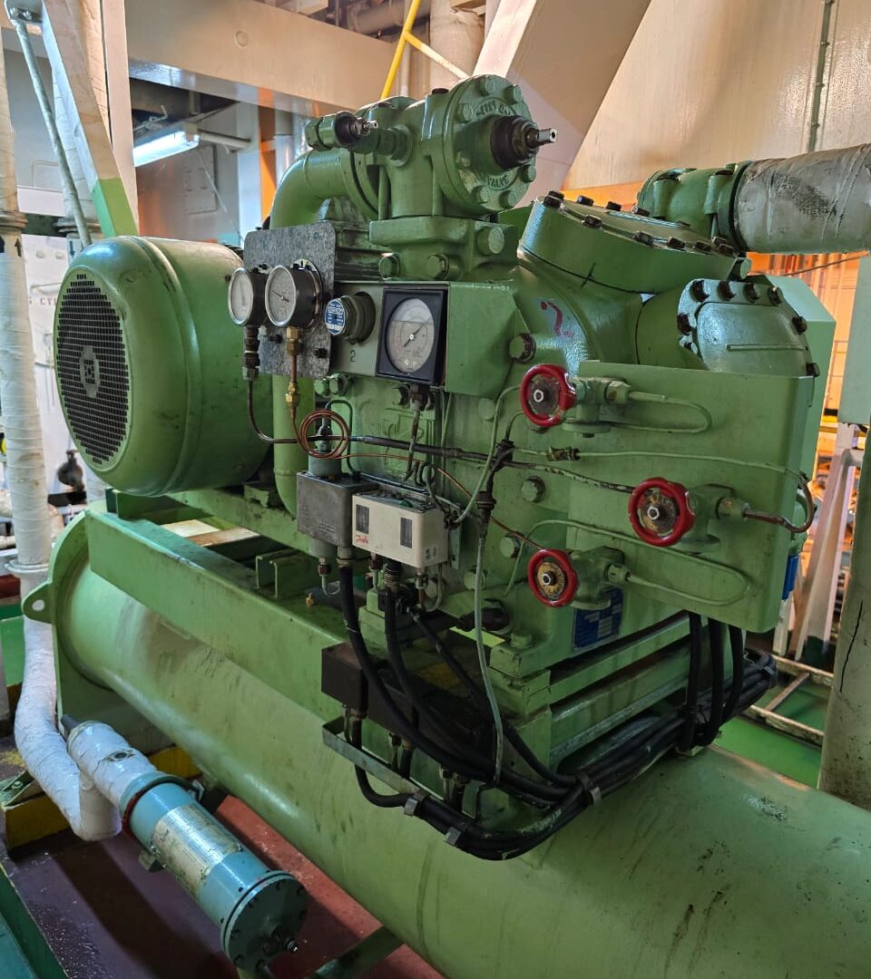 Marine provision plant reciprocating compressor with pressure gauges and Danfoss safety controls