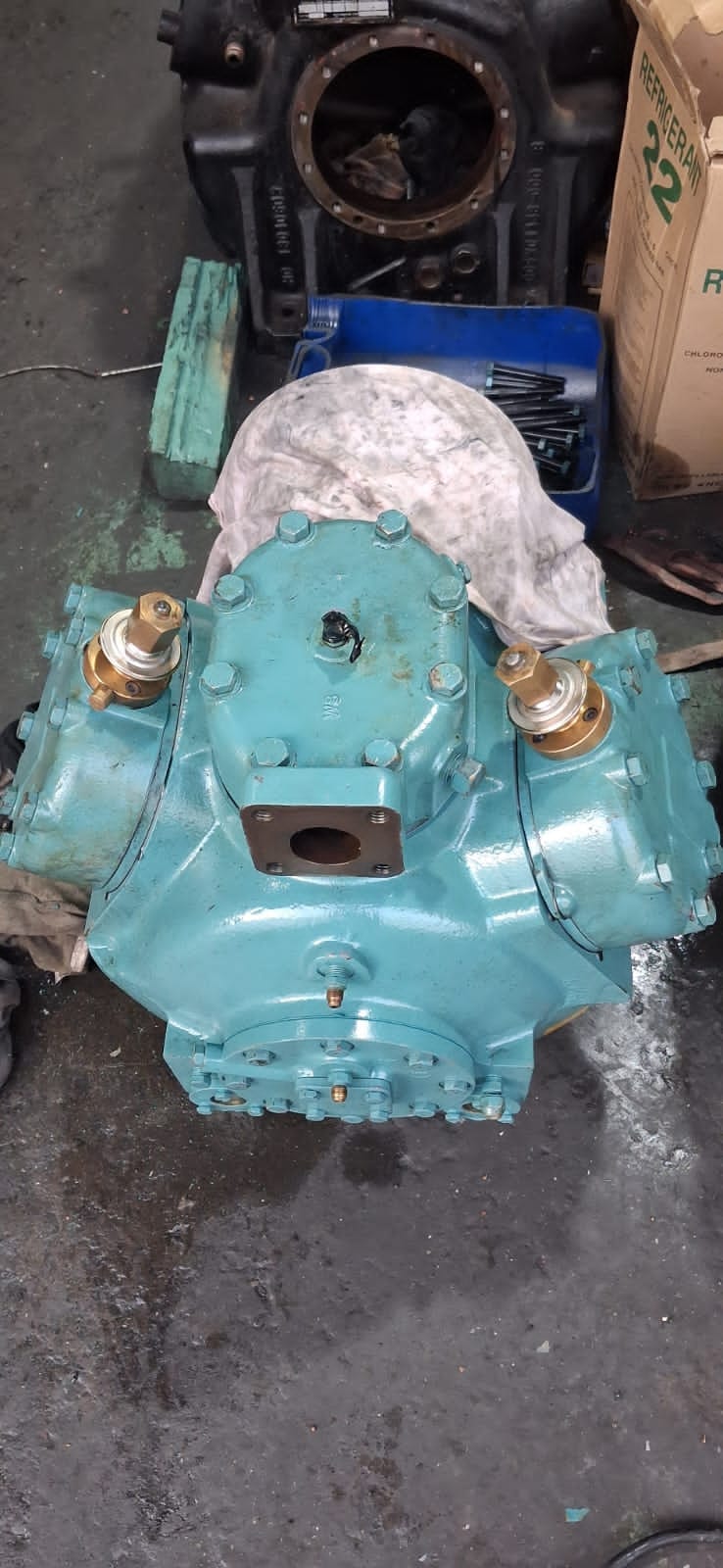 Overhauled refrigeration compressor reassembled and ready for testing